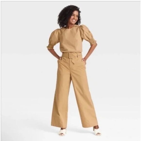 Who What Wear Khaki Wide Leg Belted Trousers Cotton‎ Pants Size 4 - Picture 2 of 8